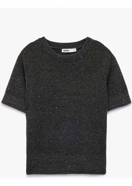 Yarım Kol Bisiklet Yaka Parıltılı Pul Işlemeli Triko Kazak