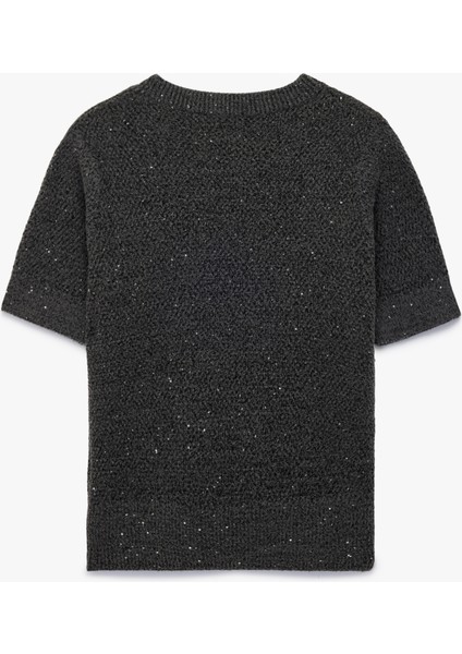 Yarım Kol Bisiklet Yaka Parıltılı Pul Işlemeli Triko Kazak fiyatları