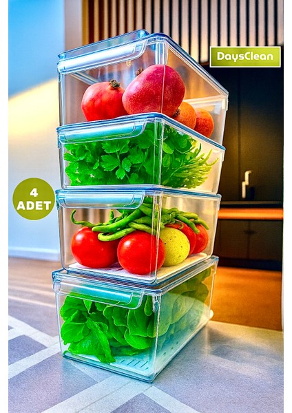 Lüks 4'lü Süzgeçli Kapaklı Buzdolabı Düzenleyici | Saklama Kabı | Dolap Içi Düzenleyici Organizer | Sebzelik Meyvelik |