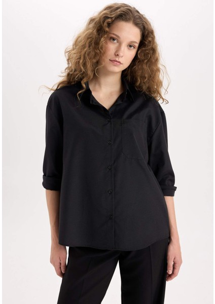 Oversize Geniş Kalıp Poplin Uzun Kollu Gömlek E2294AXNS