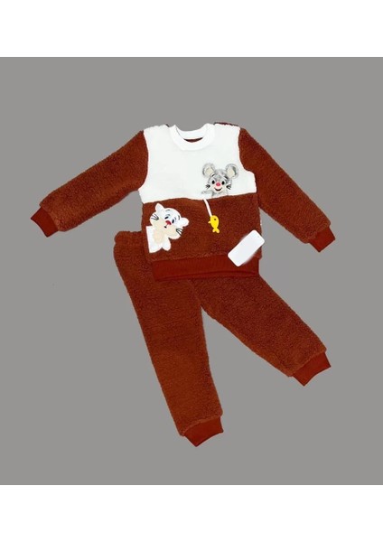 1-2-3 Yaş Sallanan Balık Nakışlı Kuzu Kumaş Sweat Pantolon Uzun Kollu Kız Erkek 2 Li Takımı Kahverengi
