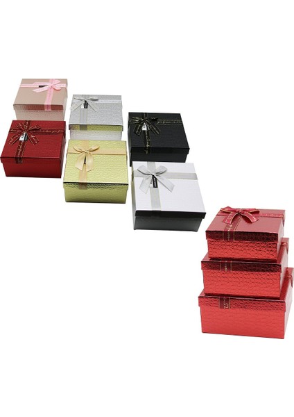 3pcs Kare Parlak Mix Renkli - Kabartma Desen Karton Hediye Kutusu Kurdelalı 19-17-15CM (5332)