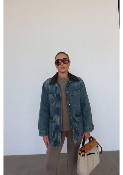 Kadife Yakalı Denim Ceket