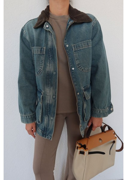Kadife Yakalı Denim Ceket indirimleri