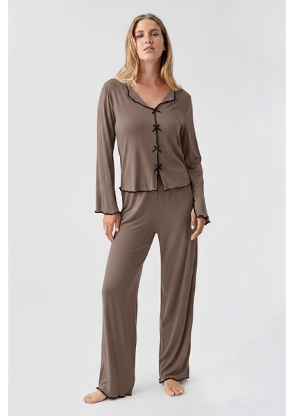 Uzun Kollu Kurdele Fiyonk Detaylı Esnek Viskoz Pijama Takım 18208