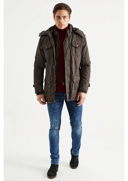 Erkek Koyu Bej Kapüşonlu Kürk Astarlı Su Geçirmez Kaplamalı Kalın Kaban 2485