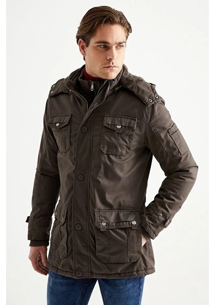 Erkek Koyu Bej Kapüşonlu Kürk Astarlı Su Geçirmez Kaplamalı Kalın Kaban 2485 fiyatları