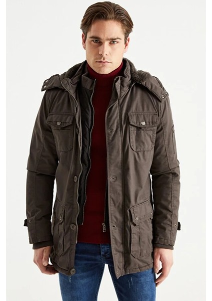 Erkek Koyu Bej Kapüşonlu Kürk Astarlı Su Geçirmez Kaplamalı Kalın Kaban 2485 modelleri