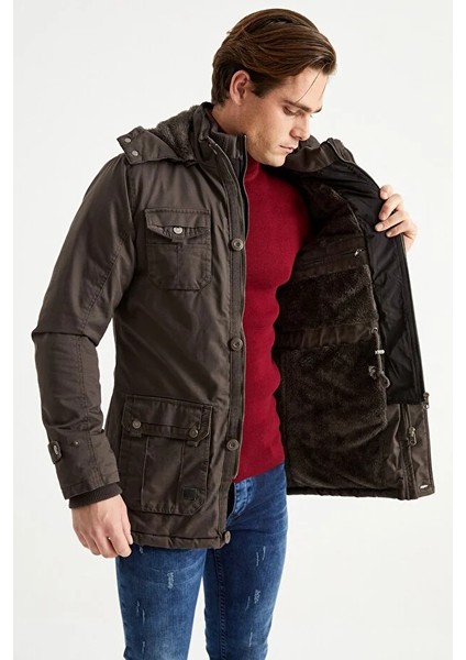 Erkek Koyu Bej Kapüşonlu Kürk Astarlı Su Geçirmez Kaplamalı Kalın Kaban 2485 fırsatları