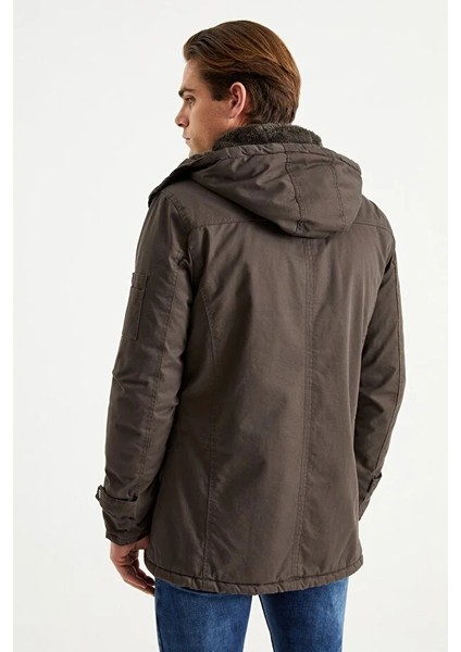 Erkek Koyu Bej Kapüşonlu Kürk Astarlı Su Geçirmez Kaplamalı Kalın Kaban 2485 indirimleri