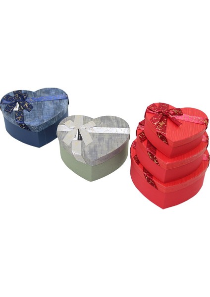 3pcs Kalp Çizgili Mix Renkli - Kabartma Desen Karton Hediye Kutusu Kurdelalı 22X20-19X17-16X14CM (5332)