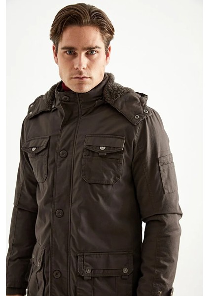 Erkek Koyu Bej Kapüşonlu Kürk Astarlı Su Geçirmez Kaplamalı Kalın Kaban 2485