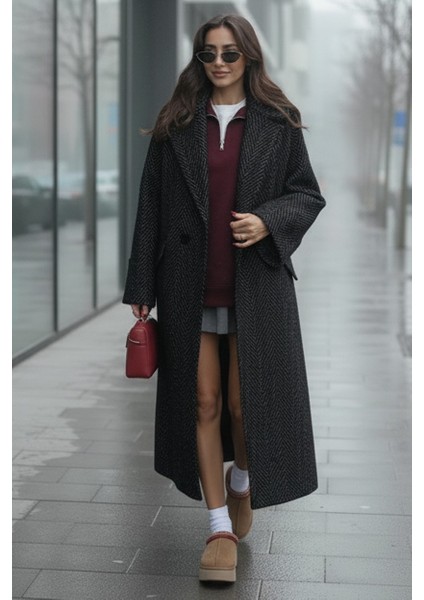 Balık Sırtı Desenli Kışlık Astarlı Kadın Kaşmir Uzun Kaban modelleri