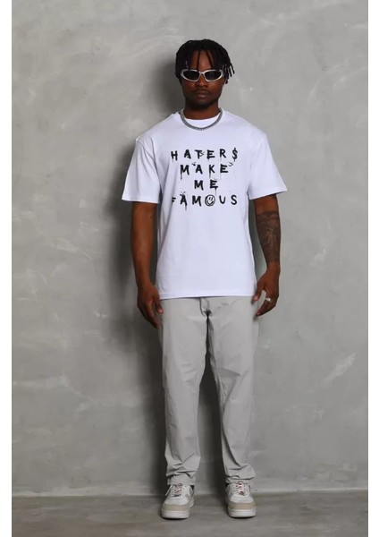 Unisex Oversize Baskılı Bisiklet Yaka T-Shirt - Beyaz fırsatları