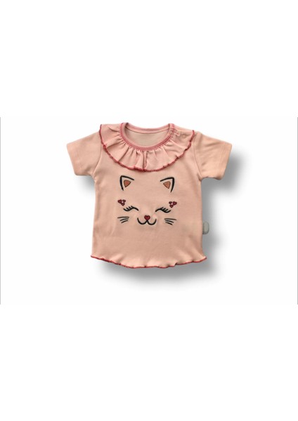 6-9 9-12 12-18 Ay Vip Kedi Baskılı Bandanalı Kısa Kollu Sweat 3lü Kız Bebek Takımı Pudra fiyatları