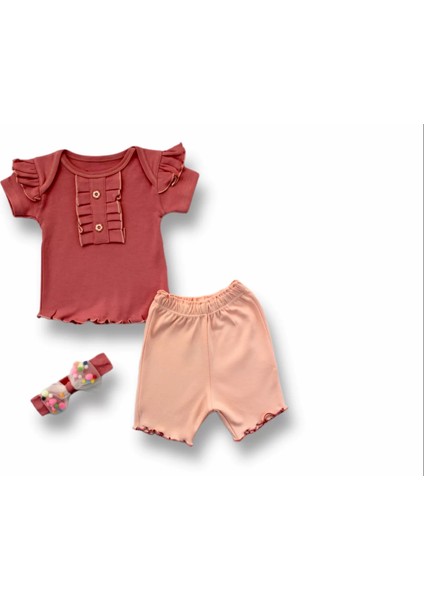 3-6 6-9 9-12 12-18 Ay Düğme Detaylı Bandanalı Kısa Kollu Sweat 3lü Kız Bebek Takımı Gül Kurusu