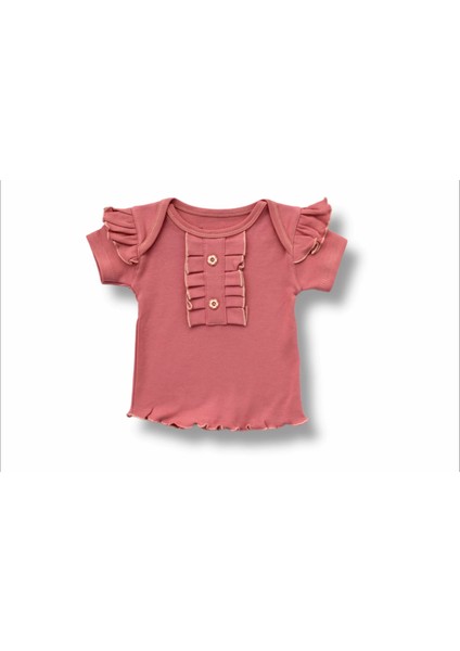 3-6 6-9 9-12 12-18 Ay Düğme Detaylı Bandanalı Kısa Kollu Sweat 3lü Kız Bebek Takımı Gül Kurusu fiyatları