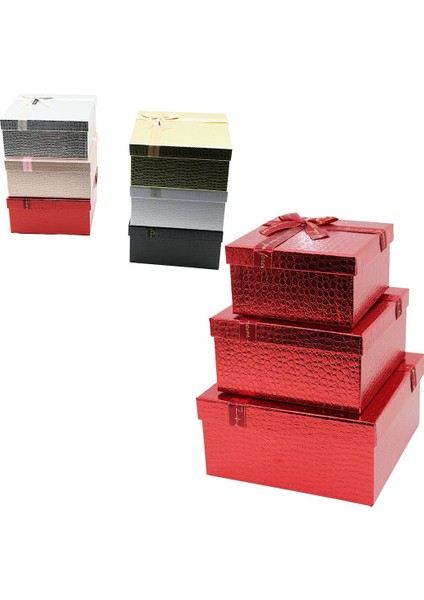 3pcs Kare Parlak Mix Renkli - Kabartma Desen Karton Hediye Kutusu Kurdelalı 25-21-17CM (5332)