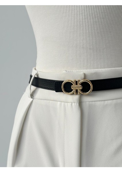 Kadın Siyah Gold Tokalı Kemer Pantolon Kemeri Etek Kemeri Elbise Kemeri