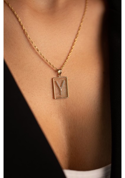 14 Ayar Halat Burgu Zincir Taşlı Izgara Harf Kolye