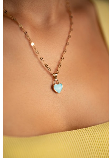 14 Ayar Altın Kalın Aynalı Zincir Kalp Kolye