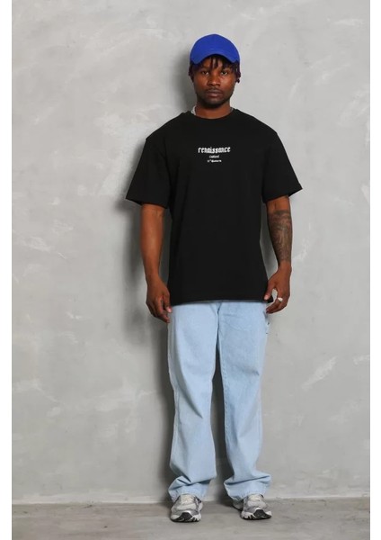 Unisex Oversize Baskılı Bisiklet Yaka T-Shirt - Siyah modelleri