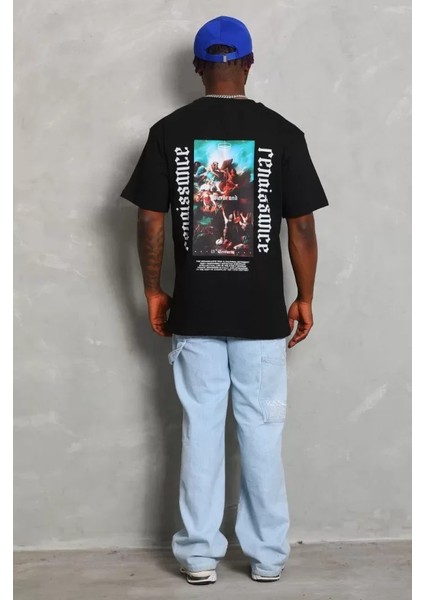 Unisex Oversize Baskılı Bisiklet Yaka T-Shirt - Siyah fırsatları