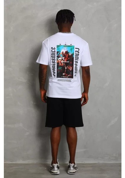 Unisex Oversize Baskılı Bisiklet Yaka T-Shirt - Beyaz fırsatları