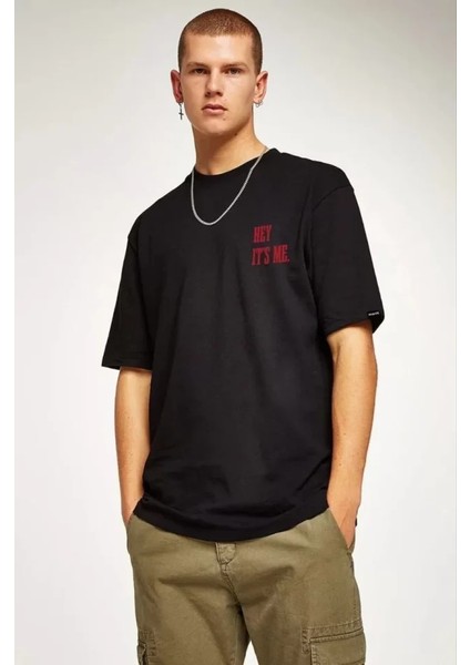 Unisex Bisiklet Yaka Oversize Baskılı T-Shirt - Siyah