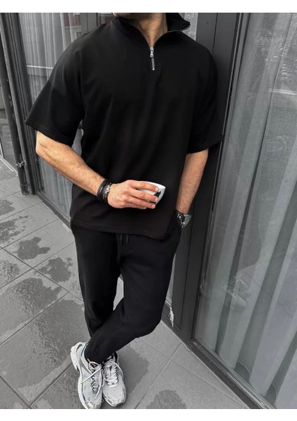 Unisex Yarım Fermuarlı Basic T-Shirt - Siyah fiyatları