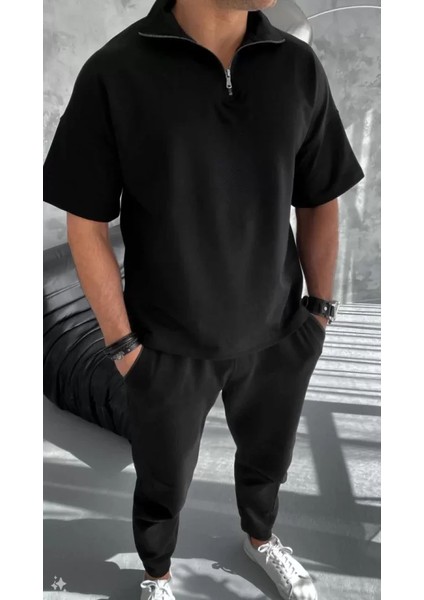 Unisex Yarım Fermuarlı Basic T-Shirt - Siyah modelleri