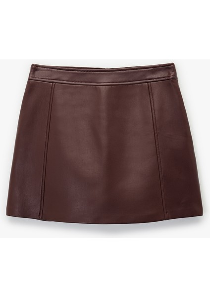 Dikiş Detaylı A Kesim Suni Deri Mini Etek