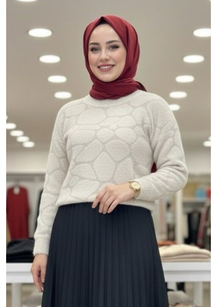 Cozy Dokulu Tesettür Kazak- Krem Standart (36-38-40 Uyumlu)