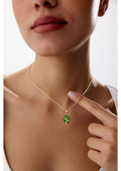 14 Ayar Altın Forse Zincir Yeşil Yonca Kolye