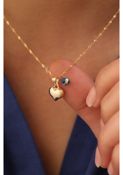 14 Ayar Altın Singapur Zincir Nazar Boncuklu Kalp Kolye