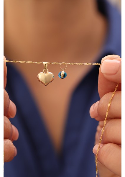 14 Ayar Altın Singapur Zincir Nazar Boncuklu Kalp Kolye fiyatları