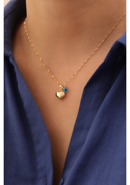 14 Ayar Altın Singapur Zincir Nazar Boncuklu Kalp Kolye modelleri