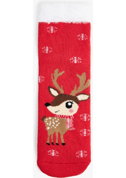 Tüy Detaylı Çok Renkli Yılbaşı Temalı Soket Çorap