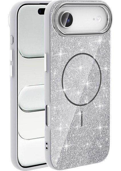 Apple iPhone 17 Air Kılıf M-safe Şarj Özellikli Parlayan Simli Okso Kapak Beyaz