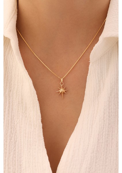 14 Ayar Altın Küp Zincir Kuzey Yıldızı Kolye modelleri