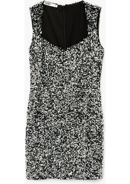 Kolsuz Kalp Yaka Payetli Mini Abiye Elbise