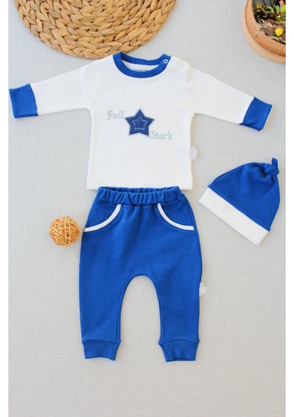 3-6 6-9 9-12 Ay Full Star Nakışlı Şapkalı Uzun Kollu Sweat 3lü Erkek Bebek Takımı Indigo