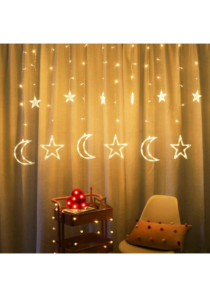 Gün Işığı - Ay-Yıldız 3mt - Fişli Eklemeli - Fonksiyonlu Lux Sarkıt Perde LED - Dekor Lamba (5332)