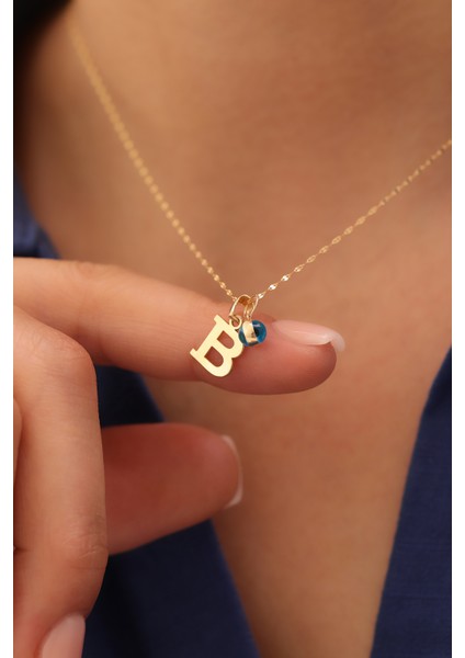 14 Ayar Altın Aynalı Zincir Nazar Boncuğu Harf Kolye