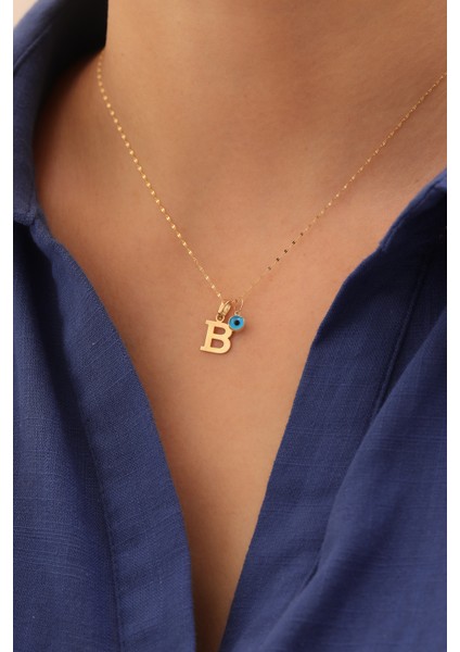 14 Ayar Altın Aynalı Zincir Nazar Boncuğu Harf Kolye modelleri