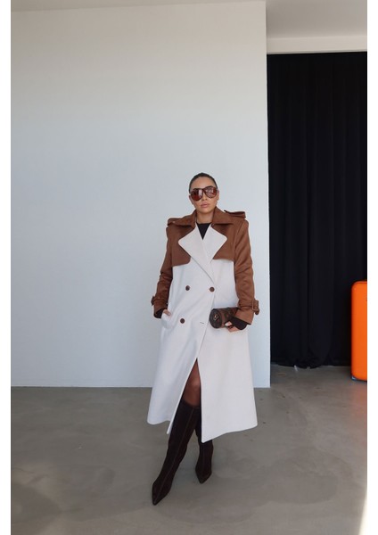 Yakası ve Kolları Süet Balık Sırtı Desenli Kaşe Kaban