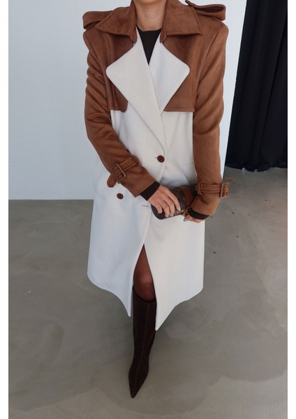 Yakası ve Kolları Süet Balık Sırtı Desenli Kaşe Kaban modelleri