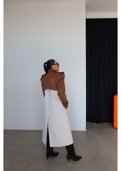 Yakası ve Kolları Süet Balık Sırtı Desenli Kaşe Kaban fırsatları