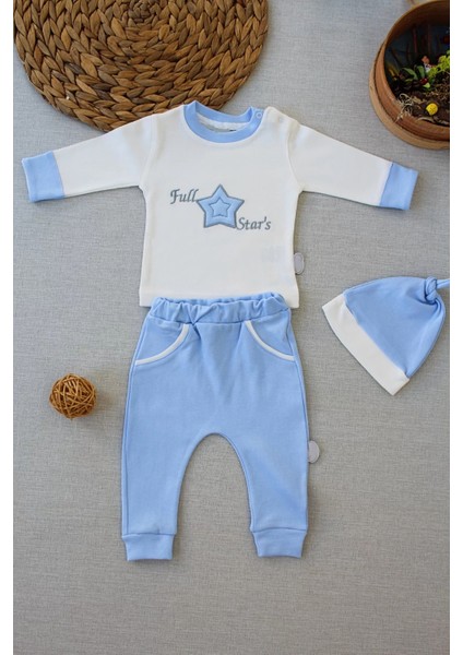 3-6 6-9 9-12 Ay Full Star Nakışlı Şapkalı Uzun Kollu Sweat 3lü Erkek Bebek Takımı Mavi