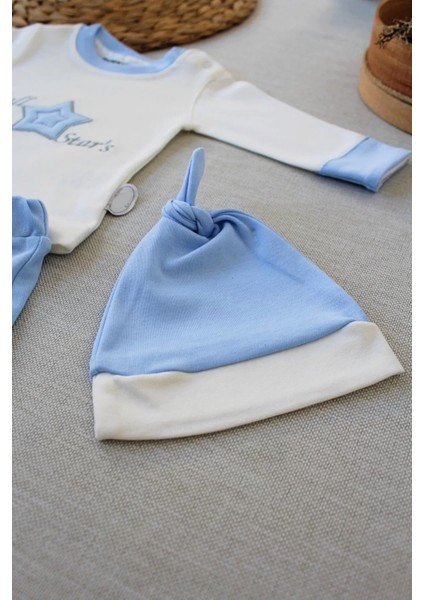 3-6 6-9 9-12 Ay Full Star Nakışlı Şapkalı Uzun Kollu Sweat 3lü Erkek Bebek Takımı Mavi fırsatları